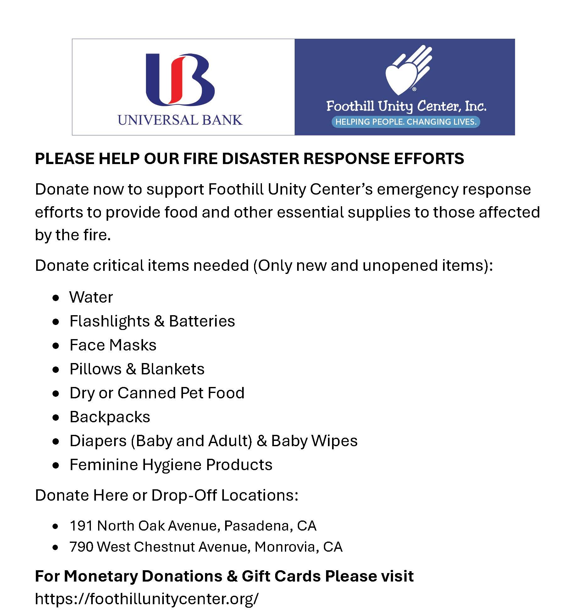 Foothill Unity - Branch Flyer Donations