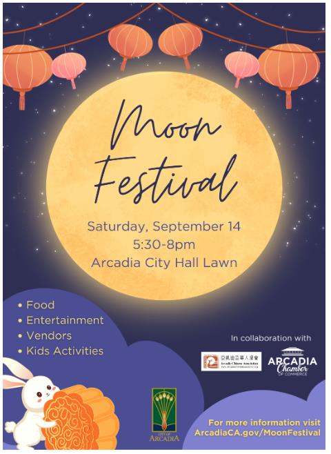 Flyer for Moon Festival held at Arcadia City Lawn on Saturday, September 14. 5:30 to 8 pm